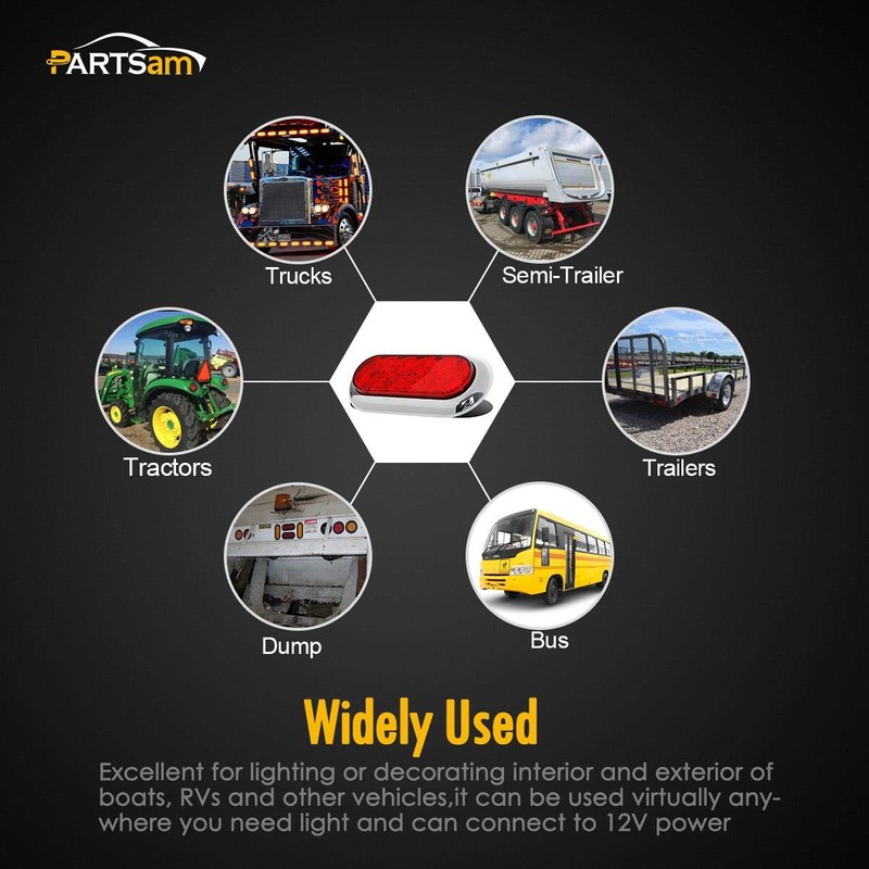 Partsam 2PCS 6" Oval Chrome Trailer Truck Red 10 LED