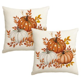 Artoid Mode Orange Pumpkins Maple Leaves Autumn Cushion Cover Set of 2, 45x45 cm Fall Decorative Pillow Case Cover Sofa Living Room Outdoor Decor