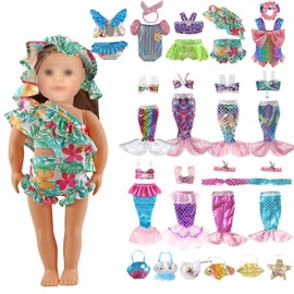 13-Piece 18" Doll Clothes Set - 8 Mermaid Dresses & 5 Swimsuits with Hats, Handbag | Girls’ Gift for Birthday, Christmas