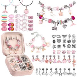 AMLEBE Kit para hacer pulseras con dijes para niñas, 66 piezas de joyería con caja de regalo y bolsa, kit de joyería de regalo para niñas adolescentes, manualidades para niñas de 8 12 años