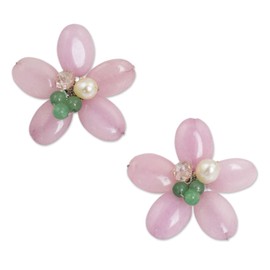 NOVICA Artisan Handmade Cultured Pearl Quartz Flower Earrings Pink Green with Stainless Steel Sterling Silver Button Thailand Floral Birthstone [1.4 in L x 1.4 in W] ' Pink Thai Daisy'
