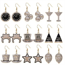 9 Pairs Happy New Year Earrings Sets Holiday Earrings Glitter Star Champagne Bottle Top Hat Dangling Earrings for Women New Years Eve Festive Party Jewelry Gifts