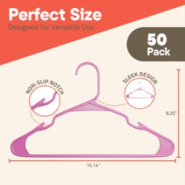 Campior Pink Plastic Hangers 50 Pack Heavy-Duty, Space-Saving, Anti-Slip, Durable & Lightweight PP Hangers with Non-Slip Shoulder Notches for Slip Dresses, Suits, Jackets & Camisoles