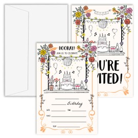 OXRUN Scribble Birthday Invitations, Set of 20 Bday Invites with Envelopes, Hand Drawn Dinner Party Invitation Cards for Women Men Music Party Decorations Supplies - B15