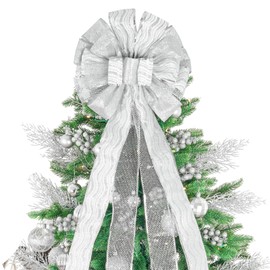 Christmas Tree Topper, 32x12 Inches Large Toppers Bow with Glitter Satin Mesh Streamer, Silve Christmas Tree Topper for Christmas Home Decoration (Silver)
