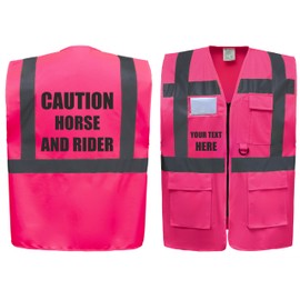 Caution Horse & Rider Equestrian Zipped Pink Hi Vis Safety Vest Horse Riding Reflective Waistcoat Road Safety High Visibility, Can Personalise. (Pink, Medium)