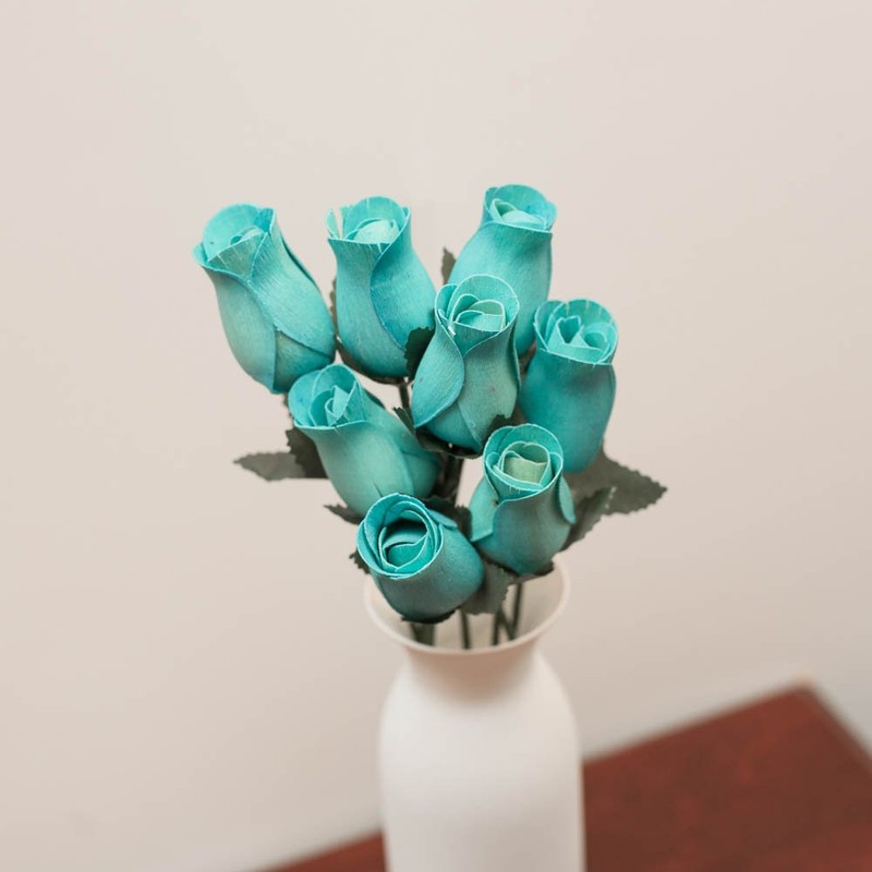 Light Blue Roses Bunch of 8 Closed Bud Wooden Roses