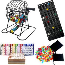 Deluxe Bingo Game Set-Includes Bingo Cage,600 Colorful Bingo Chips with a Bag,100 Mixed Bingo Cards,75 Calling Balls with a Bag,Plastic Master Board-Ideal for Large Groups, Parties