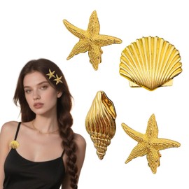 4 Pcs Small Gold Metal Hair Clips Cute Shell Conch Starfish Alligator Clips for Women Girls Ocean Summer Decorative Accessories for Hawaiian Vacations, Proms, Beach Wedding