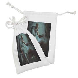 Ambesonne Zombie Fabric Pouch Set of 2, Dead Man in the Old Abandoned House Nightmare Bloody Fantasy Art Scenery, Small Drawstring Bag for Toiletries Masks and Favors, 9" x 6", Teal Charcoal Grey