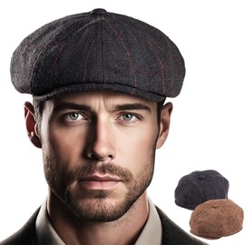 2 Pack 8 Panel Newsboy Hats for Men Boina para Hombre (Plaid, Black+Brown, L/XL)