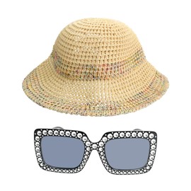 Hoxfly Women's Straw Hat, Foldable Adjustable Summer Straw Sun Hat with 1 Sunglasses, Lightweight Summer Travel Straw Hat for Women, Wide Brim Beach Sun Hats for Travel, Outdoor, Holiday (Beige)