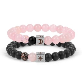 FLYEMMET Couple Bracelets for Women Men Distance Matching Relationship 8mm 10mm Stone Beads Couples Friendship Stretch Bracelet Jewelry Set for Him and Her (Sun Black & Moon Pink)