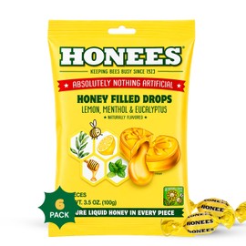 Honees Filled Honey Lemon Cough Drops- Filled with Honey, Menthol, Lemon and Eucalyptus - Nothing Artificial -Natural Sore Throat Lozenges- Non-GMO (6 Pack – 120 Drops)