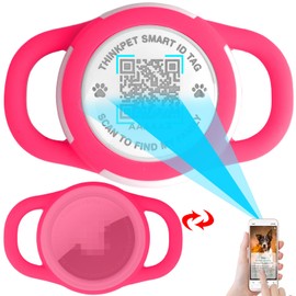 ThinkPet AirTag Dog Collar Holder with QR Code Smart Pet ID Tag, Dual Loop Tracker Holder with Smart QR Code, Waterproof Dustproof Silent Airtag Holder, Small, Rose Red