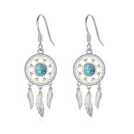 PARYFO Dream Catcher Earrings for Women 925 Sterling Silver Western Earrings Bohe Turquoise Dream Catcher Pendant Cowgirl Earrings Turquoise Jewelry Mother's Day Gifts for Women