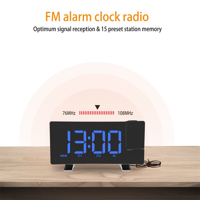 Projection Alarm Clock 8 Inch LED Curved Screen FM Radio