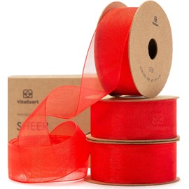 Vitalizart Red Organza Ribbon, 1'' x 30YD (3 Rolls*10YD), Sheer Fabirc for Crafting, Wide Gift Ribbons for Gift Wrapping, Christmas Tree, Decoration, Bows, Wedding Invitations