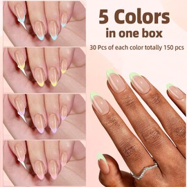 CHANGAR French Gel Nail Tips, 150Pcs Short Almond French Tip Press on Nails with Pre-applied Tip Primer & Base Coat No Need File False Nails for Nail Art DIY（Rainbow - Almond）