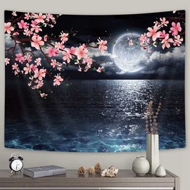 Ocean Tapestry Moon Tapestry Wall Hanging Pink Cherry Blossom Japanese Anime Scenery Tapestry for Bedroom Living Room Decor Artistic 80 x 60 Inches
