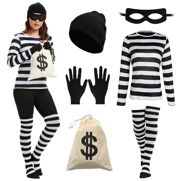 Women's Robber Costume, Thief Cosplay T Shirt, Burglar Accessories Halloween