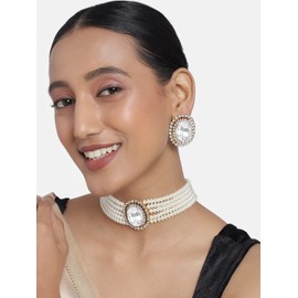 Aheli Kundan Pearl Choker Multi Layered Beaded Collar Aretes Set Joyería de boda tradicional india para mujeres niñas (blanco oval-perla)