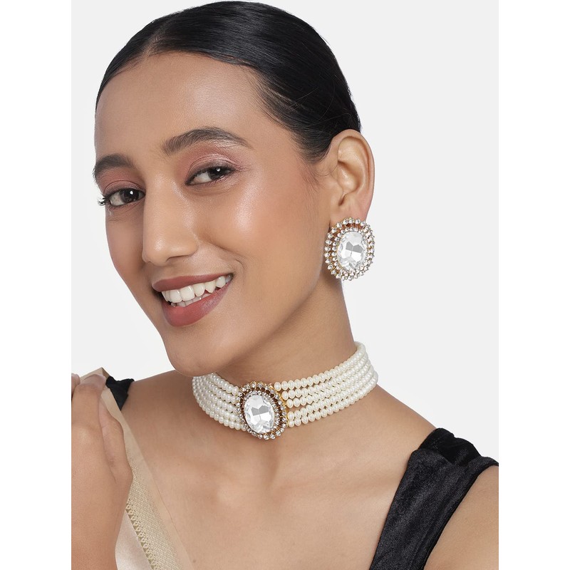 Aheli Kundan Pearl Choker Multi Layered Beaded Collar Aretes Set
