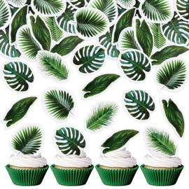 40PCS Edible Tropical Palm Leaves Cupcake Toppers Glutinous Rice Paper Jungle Theme Hawaii Aloha Baby Shower Kids Summer Birthday Party Supplies Decorations