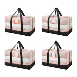 4 Pack Extra Large Moving Bags, Clear Storage Bags for Clothes with Zipper, Heavy Duty Moving Totes with Strong Handles for Travel, Camping and College Dorm Room (Clear and Black, 4 Pack)