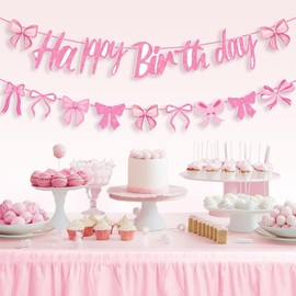 Pink Bow Happy Birthday Banner Garland, Coquette Birthday Banner for Women Girl Bow Themed Party Decorations