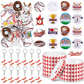 86 Pcs Baseball Team Gifts Baseball Party Favors Supplies with 12 Baseball Silicone Bracelets, 12 Key Chains, 12 Baseball Pin Badges, 50 Waterproof Stickers for Baseball Birthday Souvenir (Classic)