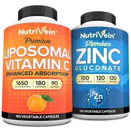 Nutrivein Nutrivein Premium Liposomal Vitamin C Capsules & Zinc Gluconate Supplements Bundle: High Absorption Zinc Gluconate + Liposomal Vitamin C Supplement Pair for Whole-Body Wellness, Defenses, & Vitality