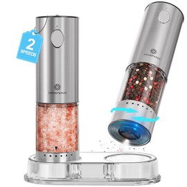 Vivosparks Electric Salt and Pepper Grinder Set - Upgraded 2-Speed Rechargeable Mills with 6-Level External Adjustable Coarseness, Stainless Steel, One-Hand Use, Storage Base