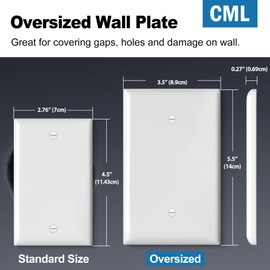 CML Oversized Blank Wall Plate, 6 Pack Jumbo Blank Outlet Covers, 1-Gang No Device Switch Plates, Over-Size 3.5” x 5.5”, Impact Resistant, Gloss White, ETL Listed