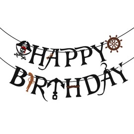 Black Felt Pirate Party Banner Happy Birthday Bunting Supplies Skull Pirate Party Decorations for Adults Kids (5th-50th)
