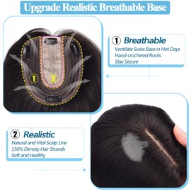 POWERASIA Hair Toppers for Women Real Human Hair Extensions No Bangs with Thinning Hair Wiglets Upgrade 150% Density Silk Base Clip in Hair Pieces Remy Hair Topper 14 Inch #1B