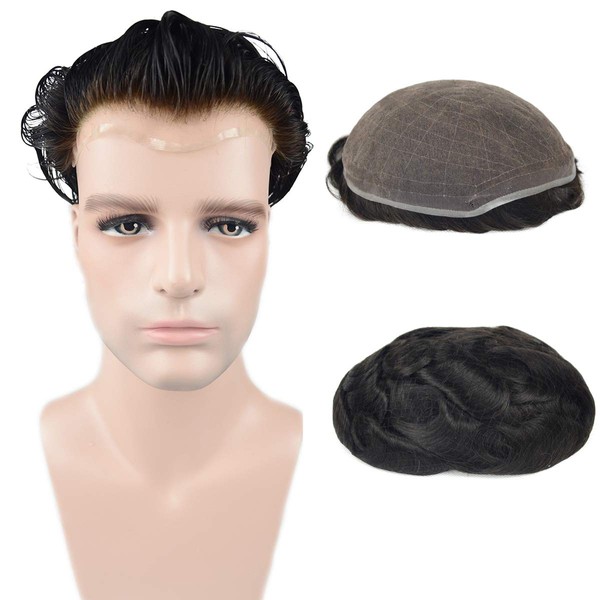 Human Hair Toupee for Men Full French Lace European Virgin Hair, Amiable Man's Hair System Replacement Wigs with 7"X 9" Soft Thin Lace Hairpiece Cap Off Black Color #1b