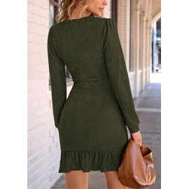 PRETTYGARDEN Women's Spring Fall Ruched Bodycon Mini Dress Long Puff Sleeve Ruffle Fitted Cocktail Party Dresses (Dark Army Green,Large)