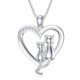 LWXIE Diamond Cat Necklace for Women 925 Sterling Silver Heart Necklace Cute Cat Necklace Animal Diamond Jewelry Gifts for women Wife Girlfriend (0.065 ct t.w)