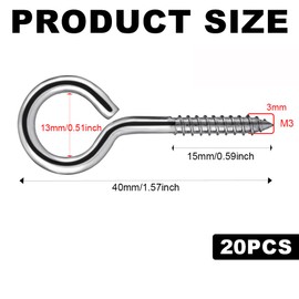 20Pcs M3 x 40 Eyelet Screws Vine Eye Bolts Eye Screws Hooks Metal Screw-in Hook Heavy Duty 304 Stainless Steel Self Tapping Ring Screw Nails