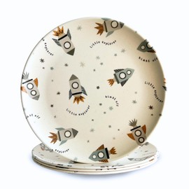 Nook Theory 4 Pack Reusable Bamboo Plates - Non-Toxic Toddler and Kids Plate, Dishwasher Safe, Not Microwavable Dinnerware (Space 10")