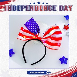Coridy Light up 4th of July Headbands for Women American Flag Hairband Independence Day Bowknot Hair Accessory