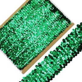 Length 5Yards，Wide 1.9 Inch Green Elastic Sequin Ribbon Trim for Sewing Dress Dance Costumes Headband (Green)