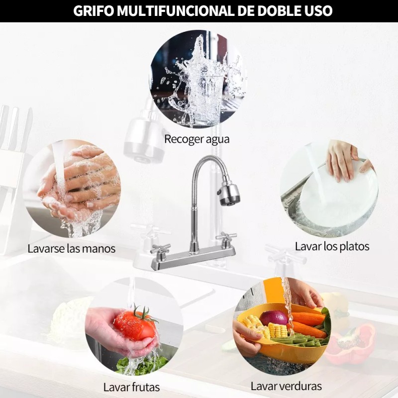 Kirotla Grifo Mezclador Doble Comando Flexible Para Cocina Fregadero