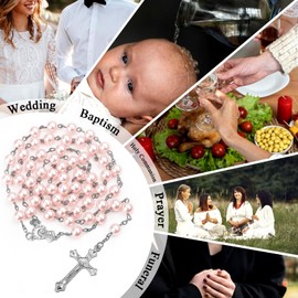 KGGZKG Rosary Necklace Catholic Bible Prayer Chain Christian Pink Rosary Necklace Rosary Evangelical with Retro Cross for Christening Communion Wedding Communion Party, Standard, Pearl, Not Applicable