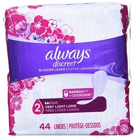 Always Discreet Incontinence Liners for Women, Very Light Absorbency, Long Length, 44 Count