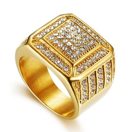 LAIMIUMIU33 Iced out Ring for men Smooth Square ring Hip Hop ring 316 Stainless Steel Radiant Biker Rings Bling Cuban style Iced Out Jewelry Punk Ring Club ring Heavy Metal ring Party Wedding Ceremony (GOLD, 11)