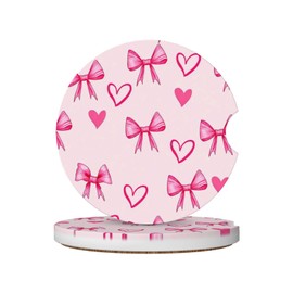 ABLESKY Car Coasters for Cup Holders, 2 Pack Absorbent Anti Slip Car Cup Holder Coasters, 2.56 Inch Ceramic Universal Size Auto Interior Accessories Women Men-Pink Bow Heart