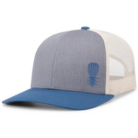 Trenz Shirt Company Men's Upside Down Pineapple Embroidered Mesh Back Trucker Hat Baseball Cap, Ocean Blue/Heather Grey/Beige