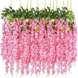 SZJH 12pcs 3.6 Feet/Piece Artificial Fake Wisteria Vine Ratta Hanging Garland Silk Flowers String Home Party Wedding Decor (Pink)